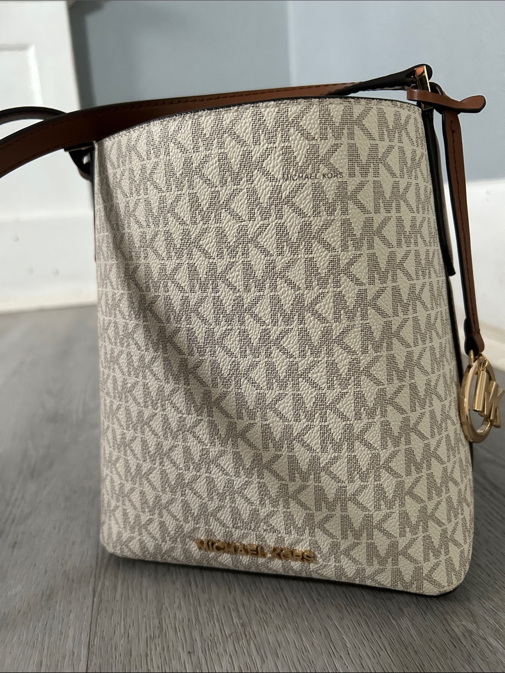 Michael Kors Cream Logo Crossbody with Brown Trim